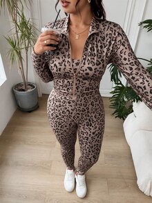 SHEIN EZwear Plus Size Women Leopard Print Inner Layer And Long Sleeve Top And Leggings Casual Daily Outfit Set - Brown - View 9