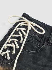 ROMWE Kawaii Y2K Retro Leopard Print Frayed Edge Side Lace-Up Design Women's Mini Low Waist Denim Skirt With Belt Accessory - Grey - View 4
