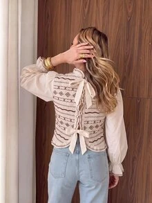 Vivid Eden French Style Boho Romantic Contrast Color Ruffle Trim Stand Collar Blouse, Gentle Floral Striped Short Top With Flared Ruffle Sleeves Brunch Fall - Brown - View 1