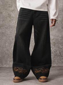 ROMWE MEN Street Life Vintage Retro Washed Denim Fashion Cat Whisker Heavy Embroidery Versatile Jeans - Black - View 1