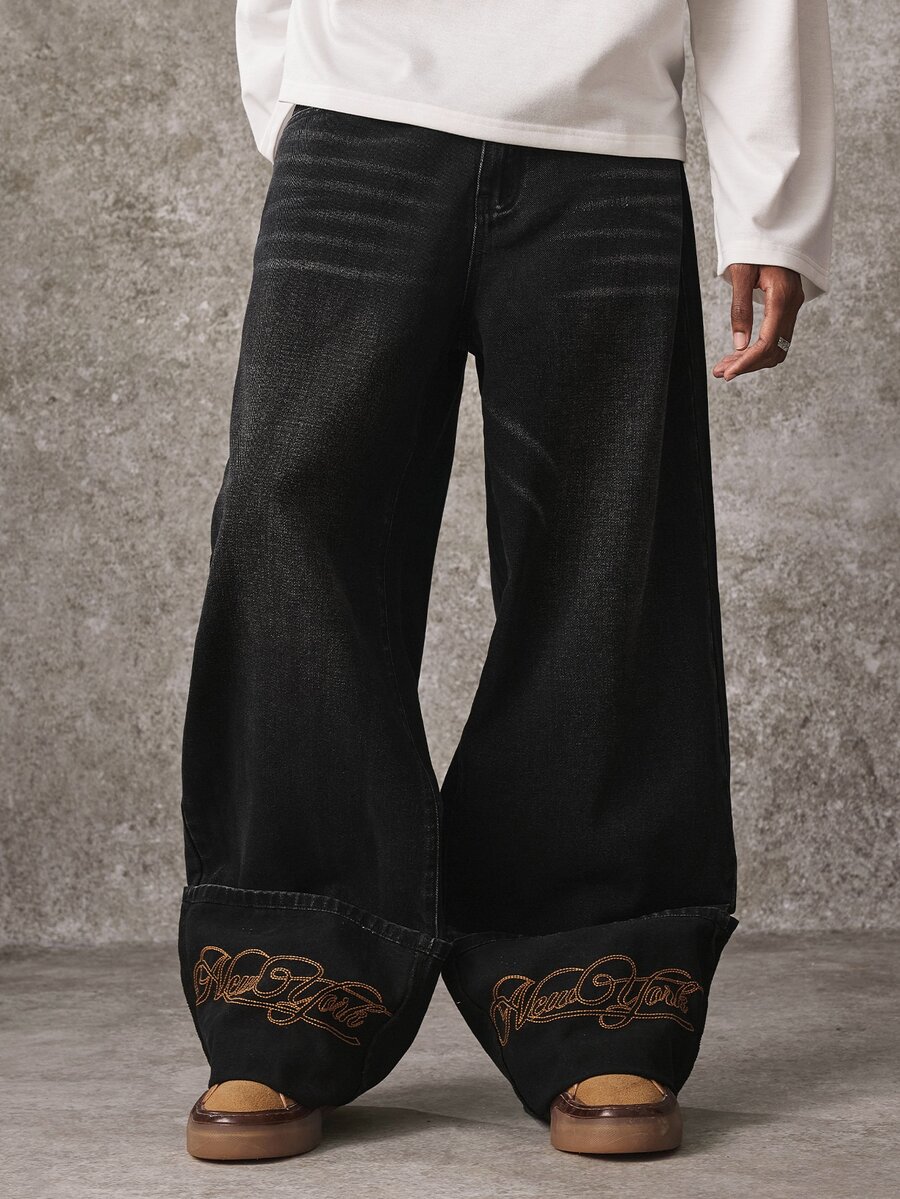 ROMWE MEN Street Life Vintage Retro Washed Denim Fashion Cat Whisker Heavy Embroidery Versatile Jeans - Black - View 1