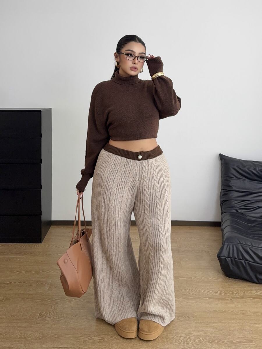 POPSWAY Plus Size Women Slimming Versatile Twisted Rope Straight Leg Sweater Pants, Suitable For Autumn/Winter Wear - Khaki - View 1