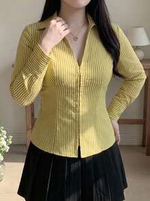 Dazy Plus Autumn V-Neck Long Sleeve Yellow Striped Cute Cinched Waist Slim Fit Elegant Date Commute Cardigan Shirt - Yellow - View 5