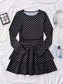 Tween Girl Black And White Polka Dot Long Sleeve Multi-Layer Ruffle Hem Dress, Slim Fit A-Line Silhouette, Vintage Sweet Cute Style For School, Fall - Black - View 2