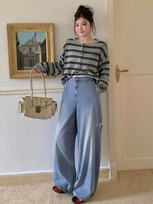 Dazy Plus Vintage Casual 80s Washed Denim Lace Patchwork Waistband Distressed Design All-Season Jeans Club Beach Light Blue - Light Wash - View 4