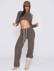 MUSERA Knitted Cropped Curved Hem Hooded Jumper Autumn Winter Fall Coolgirl Holiday Everyday Roadside Renegade - Grey - View 2