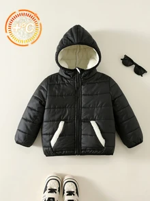 SHEIN 男嬰秋冬黑色保暖內裡加厚連帽長袖棉襖外套，百搭舒適，適合作為兒童聖誕禮物，完美適用於外出與節日穿著 - 黑色 - 查看 4