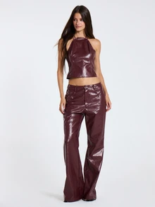 MUSERA Red PU Low Waisted Flare Trouser Pants Fall Winter Women Outfit Casual - Red - View 1