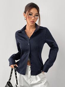 SHEIN EZwear 大尺碼女款條紋休閒日常穿著襯衫 - 藏蓝色 - 查看 5