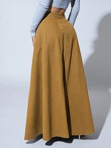SHEIN SXY 女款休閒牛仔裙，鈕扣腰頭 - 黃色 - 查看 2