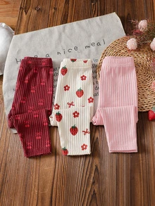 SHEIN Playful Pals 3件組女嬰幼童女孩羅紋內搭褲可愛甜美粉色酒紅奶油色草莓櫻桃印花蝴蝶結羅紋款假日秋季舒適公主風日常穿搭 - 彩色 - 查看 2