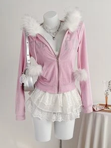 Elamini Women's Rhinestone & Pom Pom Decor Fur Collar Zipper Front Hooded Long Sleeve Sweatshirt - Mauve Purple - View 5