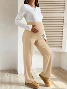 SHEIN 孕婦純色可調腰圍直筒寬鬆休閒長褲 - 卡其色 - 查看 3