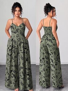 Elenzga 大尺碼女款萬聖節春夏優雅哥德風休閒鈕扣肩帶抓皺腰寬腿超長連身褲 派對度假黑色 - 綠色 - 查看 1