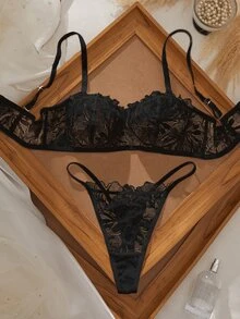 Qdormo 2件組女性性感蕾絲內衣套裝 - 黑色 - 查看 4
