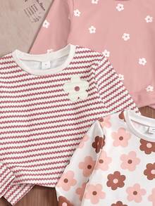 SHEIN Vintaside Kids 女童長袖T恤 花卉與條紋印花 粉色白色休閒秋季上衣 3件組 - 彩色 - 查看 5
