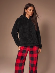 Lazeform American Style Colorblock Plaid Casual Pants With Pure Black Minimalist Top Loungewear Set - Multicolor - View 3