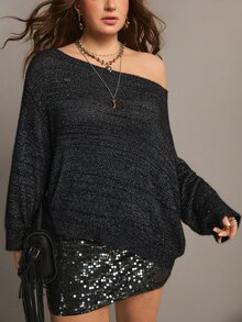 Freevana Plus Size Korean Style Gold & Silver Metallic Thread Long Sleeve Fashion Pullover Sweater - Grey - View 5