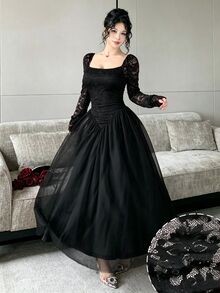 Modelyn French Square Neck Lace Patchwork Long Sleeve Slim Fit Flattering Mesh Elegant Evening Dress For Women - Black - View 8