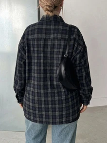 Dazy Plus Loose Plaid Street Casual Preppy Style Thickened Shirt, Spring/Autumn New Arrival - Navy Blue - View 3