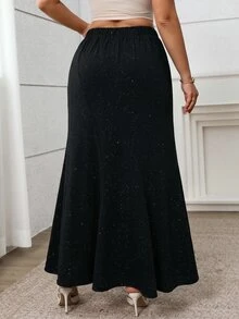 Vionelle 大尺碼女款春夏秋冬法式優雅奢華精緻休閒聖誕派對極簡高端設計辦公通勤舒適素色亮面布料不對稱下擺後腰鬆緊魚尾長裙 - 黑色 - 查看 2