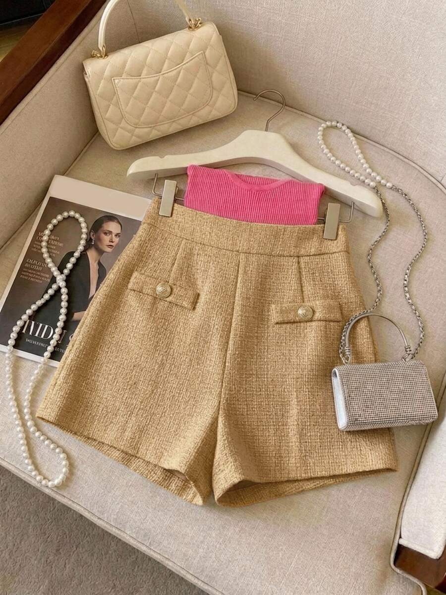 DAZY Women's High Waist Button Design Elegant Shorts - Khaki - View 1