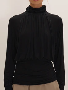 MUSEYN Black Jersey High Neck Cinched Waist Ruched Top Versatile Everyday Date Night Chic New Season Fall - Black - View 6