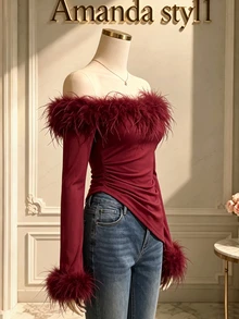 GlowEve Fashionable New Autumn/Winter Elegant Off-Shoulder Long Sleeve Fur Patchwork Women's T-Shirt - Burgundy - View 4