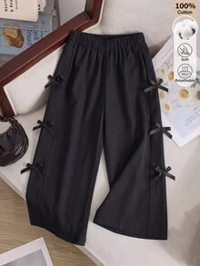 SHEIN 1件少女秋冬復古休閒黑色純棉布直筒寬腿長褲，側面飾有3D蝴蝶結，適合春秋日常外出 - 黑色 - 查看 1