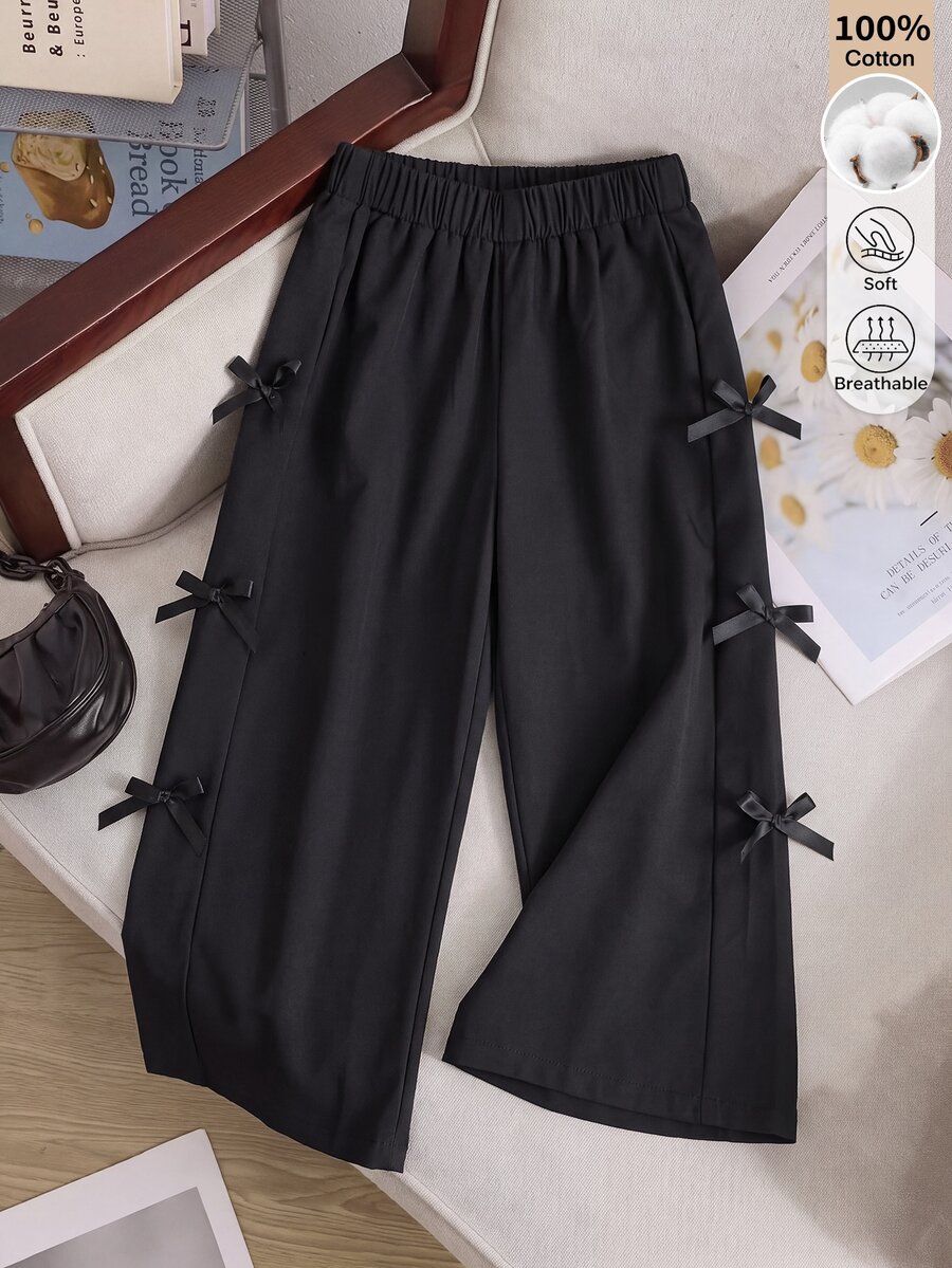 SHEIN 1件少女秋冬復古休閒黑色純棉布直筒寬腿長褲,側面飾有3D蝴蝶結,適合春秋日常外出 - 黑色 - 查看 1