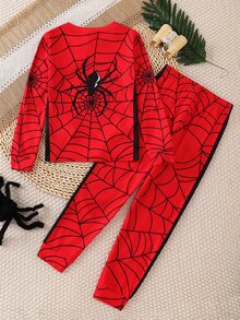 SHEIN 兒童青少年男孩紅色蜘蛛圖案休閒簡約修身舒適加厚長袖圓領居家服褲子，適合秋冬 - 彩色 - 查看 2
