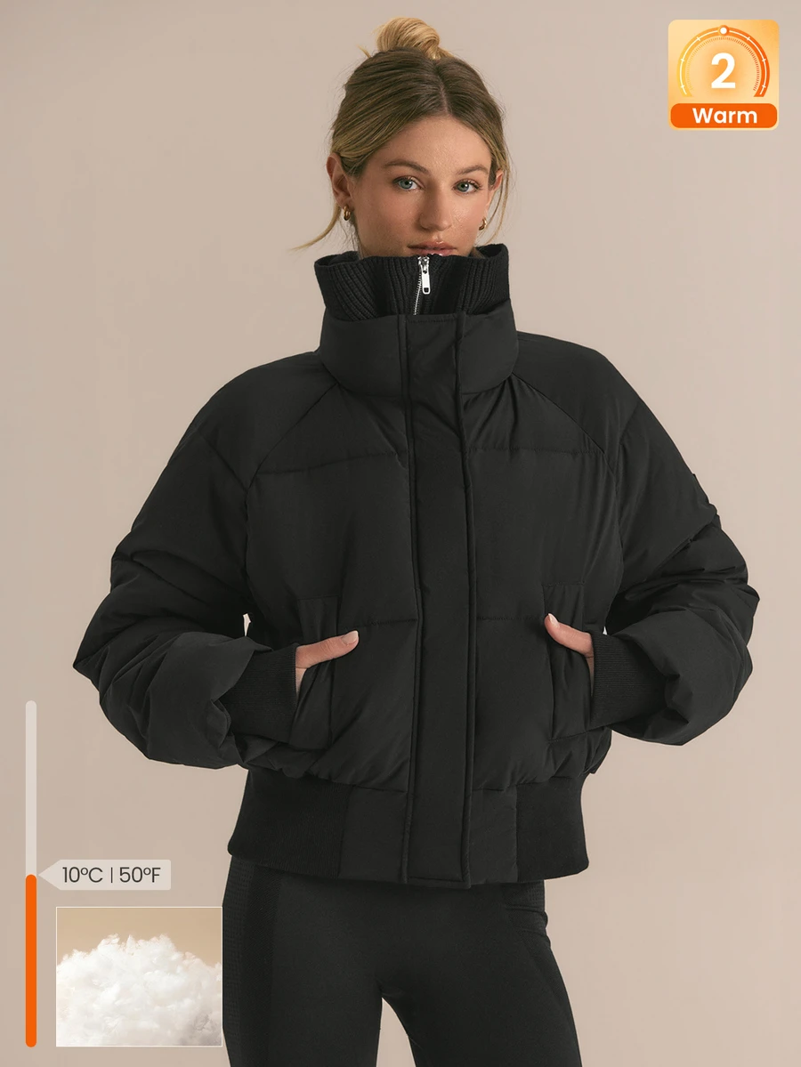 GLOWMODE Soft Matte Chase The Glow Water Repellent Relaxed Fit Bomber Jacket With Knit Collar, Ribbed Cuffs & Metallic Zipper Daily Casual Fall Winter Wear - Black - View 1