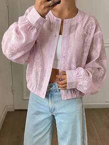 DAZY 女款圓領長袖半透蕾絲面料優雅前開襟襯衫 - 紫色 - 查看 5