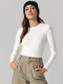SHEIN BASICS 女款純色圓領長袖休閒百搭T恤 - 白色 - 查看 5