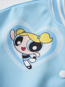THE POWERPUFF GIRLS X SHEIN Tween Girl Letter Cartoon Print Baseball Collar Jacket - Multicolor - View 5