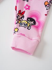 THE POWERPUFF GIRLS X SHEIN 女嬰卡通圖案短袖上衣與長褲休閒日常居家睡衣套裝 - 粉色 - 查看 7