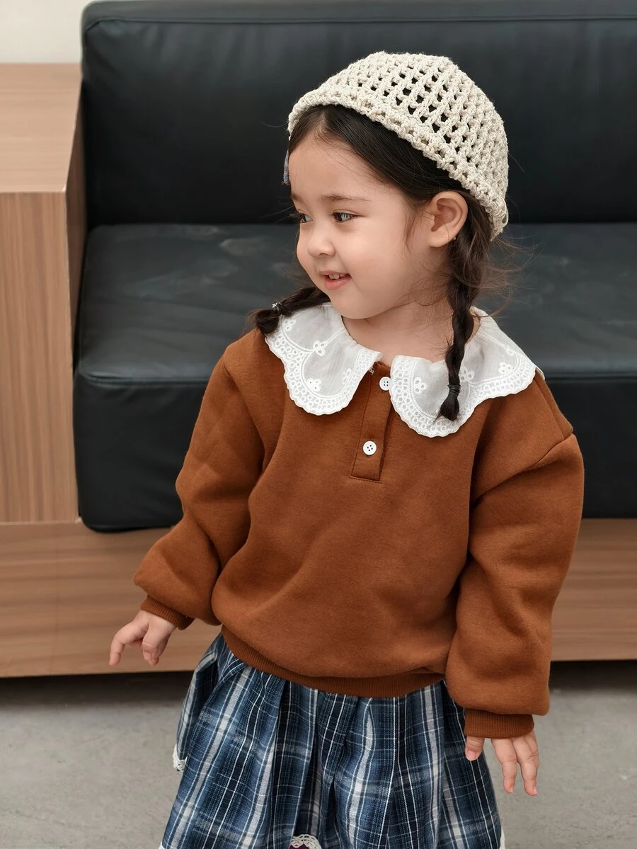 Dazy Kids Spädbarn (flicka) färgblockig långärmad sweatshirt i koreansk stil för vår/höst och vinter - Kaffebrun - Visa 1