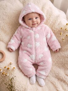 SHEIN 新生兒男嬰/女嬰可愛秋冬休閒白色毛茸茸卡通熊圖案連帽連身衣 - 彩色 - 查看 7