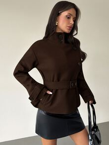 Firerie Women's Solid Color Stand Collar Long Sleeve Casual Commute Overcoat - Brown - View 6