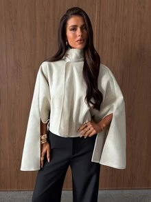 Aloruh Abrigo largo para mujer de estilo minimalista para ir al trabajo, nuevo para otoño/invierno, color albaricoque, con capa de lana, bufanda y abertura asimétrica - Albaricoque - Ver 5