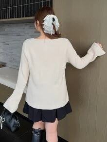 Bijouette Plus Size Sexy Style Ribbed Knit Sweater, Round Neck With Ruffle Trim And Hollow Tie Design On Chest, Adjustable Fit For Body, Flared Long Sleeves To Shape Arm Lines, Soft Vertical Ribbed Elastic Fabric For Snug But Not Tight Fit, Short Waist-Cinching Silhouette To Elevate Waistline, Versatile Slimming Gentle Base Layer Top For Dating And Commuting - Apricot - View 2