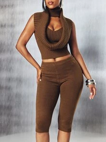 Denimoi 2 Pieces Cowl Neck Sleeveless Sweater And Capri Matching Set Fashion Sets Fall GNO Date Night - Brown - View 2