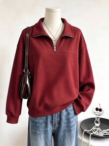 SHEIN 青少年女孩抓絨秋季服飾 休閒極簡拉鍊式落肩衛衣，秋冬保暖穿搭，舒適日常長袖 - 紅色 - 查看 3