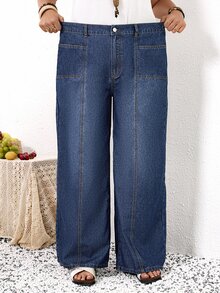 SHEIN MOD بنطلون جينز كاجوال للاستخدام اليومي للنساء بمقاسات كبيرة مع جيوب - أزرق داكن - مشاهدة 5
