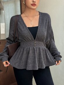 Dazy Plus Spring/Autumn New Korean Solid Color Deep V-Neck Waist-Cinching Long Sleeve T-Shirt - Grey - View 2