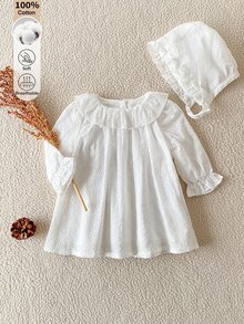 SHEIN 1件新生女嬰休閒可愛森系白色純棉花卉刺繡洋裝，長袖娃娃裙配蕾絲飾邊，附帽子，適合秋冬日常外出 - 白色 - 查看 1