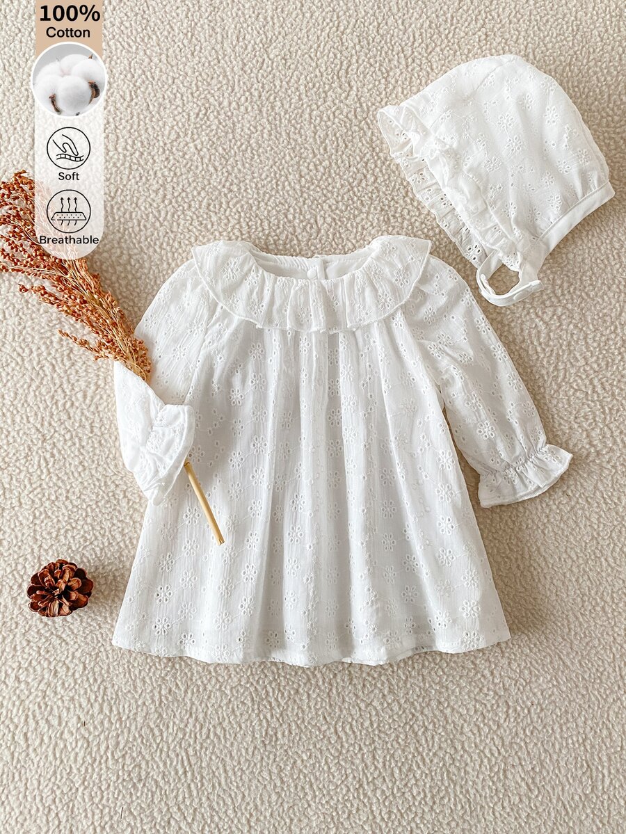 SHEIN 1件新生女嬰休閒可愛森系白色純棉花卉刺繡洋裝,長袖娃娃裙配蕾絲飾邊,附帽子,適合秋冬日常外出 - 白色 - 查看 1