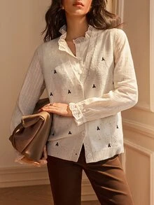 SHEIN Women's Elegant French Embroidered Button Knit Vest Cardigan Everyday Day Time Off White Autumn - Apricot - View 3
