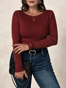 SHEIN Clasi 大尺碼女款淺杏色船領長袖基礎層針織衫，秋冬基本款套頭衫 - 酒紅色 - 查看 4