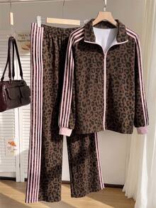 SHEIN EZwear 大尺碼女款豹紋拼色長袖上衣與長褲休閒日常套裝 - 彩色 - 查看 9